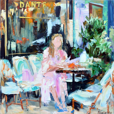 Figurative painting from Carré d'artistes: Café Dante, by Novokhatska Olga. Representing a young woman drinking coffee on the terrace